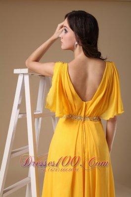 Yellow Evening Dress V-neck Chiffon Beading