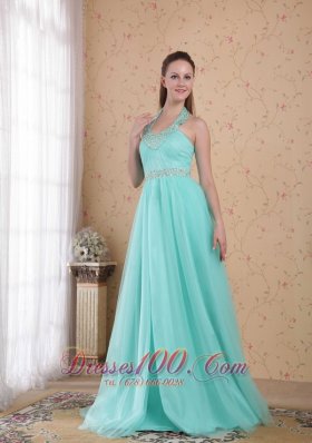 Aqua Blue Halter Tulle Beading Prom Dress