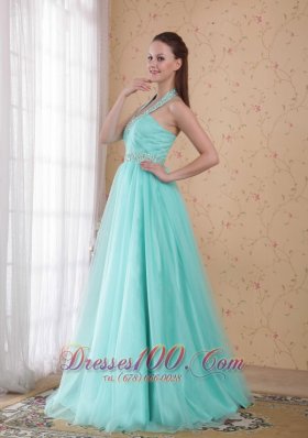 Aqua Blue Halter Tulle Beading Prom Dress