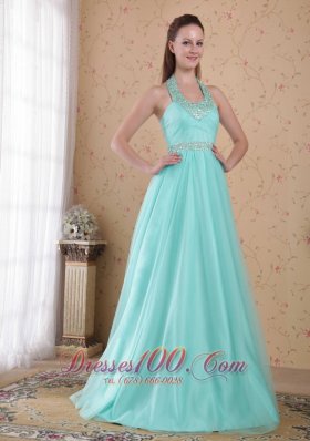 Aqua Blue Halter Tulle Beading Prom Dress