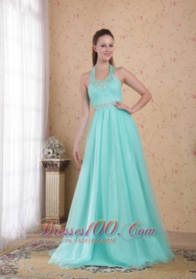 Aqua Blue Halter Tulle Beading Prom Dress