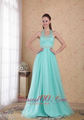 Aqua Blue Halter Tulle Beading Prom Dress