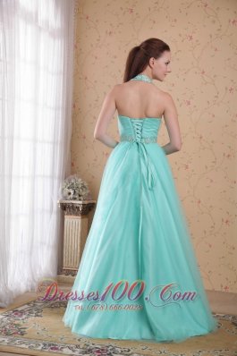 Aqua Blue Halter Tulle Beading Prom Dress