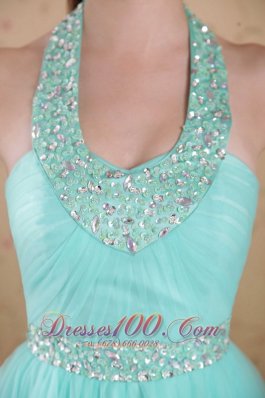 Aqua Blue Halter Tulle Beading Prom Dress