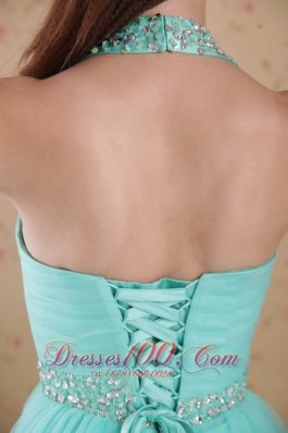 Aqua Blue Halter Tulle Beading Prom Dress