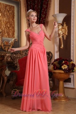 Straps Pleated Watermelon Prom Gown with Beads