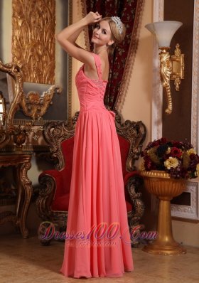 Straps Pleated Watermelon Prom Gown with Beads