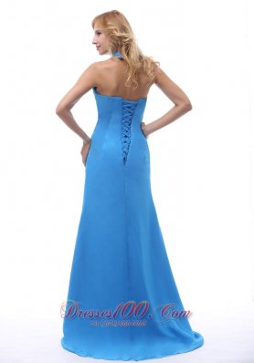 Ribbon Halter Blue Prom Dresses Beading Decorate