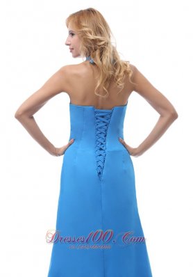 Ribbon Halter Blue Prom Dresses Beading Decorate