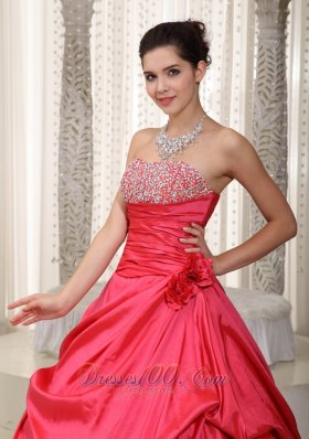 Handmade Flower Beading Evening Gown Coral Red