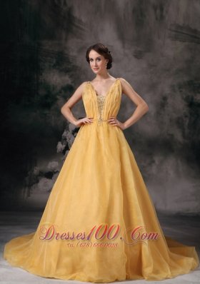 Brush Train Straps Organza Prom Dress V-neck