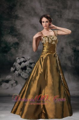 Square Brown Straps Applique 2013 Evening Gown