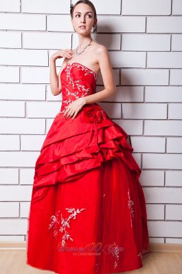 Applique Hand Flower Red Taffeta Prom Dress