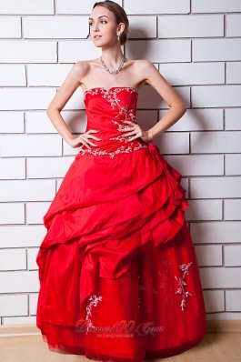 Applique Hand Flower Red Taffeta Prom Dress