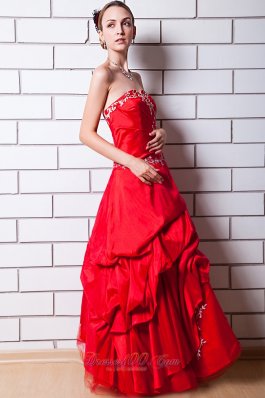 Applique Hand Flower Red Taffeta Prom Dress