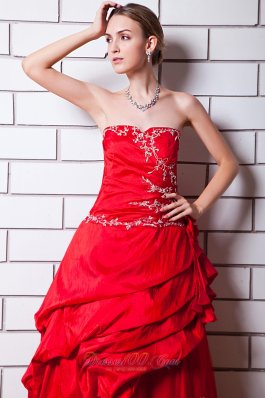 Applique Hand Flower Red Taffeta Prom Dress