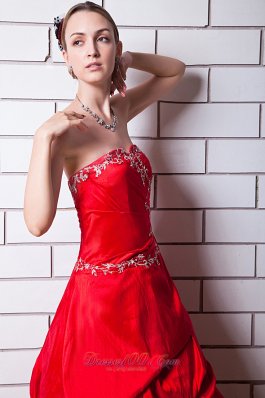 Applique Hand Flower Red Taffeta Prom Dress