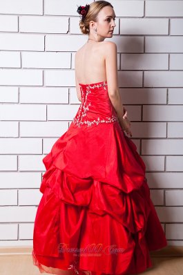 Applique Hand Flower Red Taffeta Prom Dress