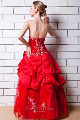 Applique Hand Flower Red Taffeta Prom Dress