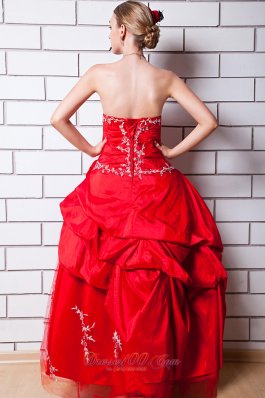 Applique Hand Flower Red Taffeta Prom Dress