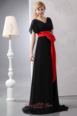 Black and Red Bowknot Butterfly Sleeves Prom Dress