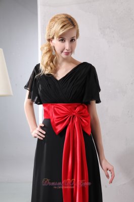 Black and Red Bowknot Butterfly Sleeves Prom Dress