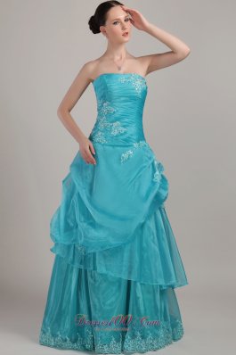 Organza Layered Teal Column Prom Dress Appliques