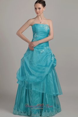 Organza Layered Teal Column Prom Dress Appliques