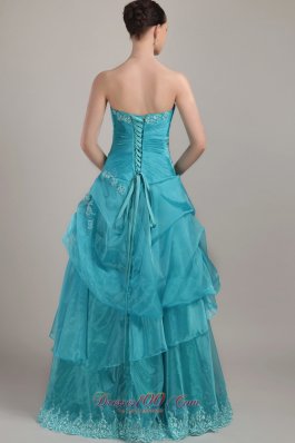 Organza Layered Teal Column Prom Dress Appliques