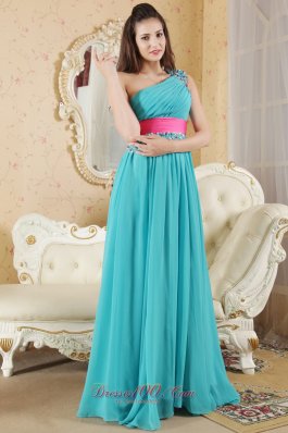 Asymmetrical Sashed One Shoulder Prom Dress Beaded