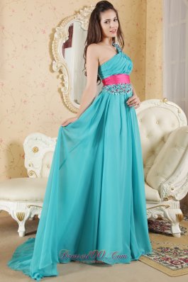 Asymmetrical Sashed One Shoulder Prom Dress Beaded