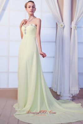 Brush Train Yellow Green Beaded Dress for Prom