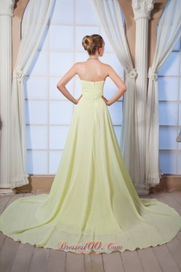 Brush Train Yellow Green Beaded Dress for Prom