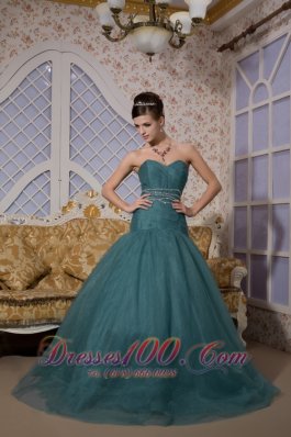 Peacock Green Mermaid Brush Train Tulle Prom Dress