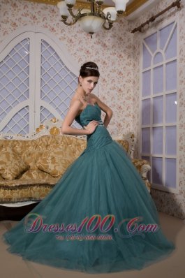 Peacock Green Mermaid Brush Train Tulle Prom Dress