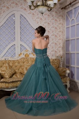 Peacock Green Mermaid Brush Train Tulle Prom Dress