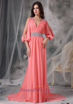Court 3/4 Length Sleeves Beaded Watermelon Prom Dress