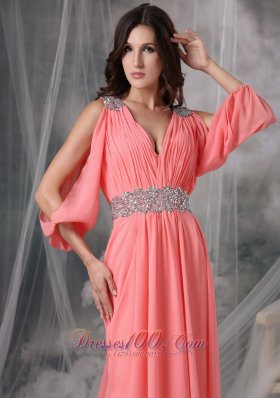 Court 3/4 Length Sleeves Beaded Watermelon Prom Dress