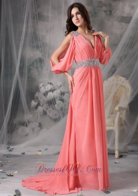 Court 3/4 Length Sleeves Beaded Watermelon Prom Dress