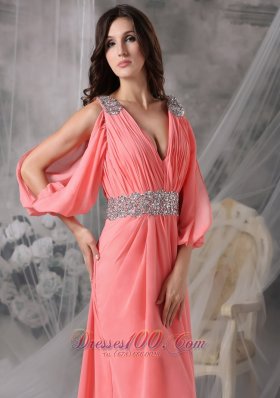 Court 3/4 Length Sleeves Beaded Watermelon Prom Dress