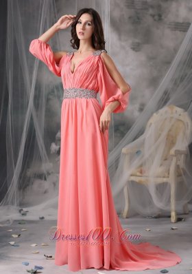 Court 3/4 Length Sleeves Beaded Watermelon Prom Dress