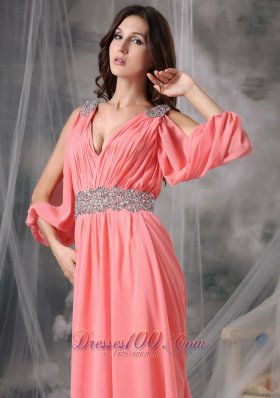 Court 3/4 Length Sleeves Beaded Watermelon Prom Dress