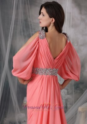 Court 3/4 Length Sleeves Beaded Watermelon Prom Dress