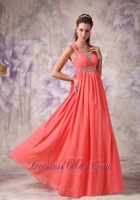 Cross Straps Beaded Watermelon Prom Evning Dress