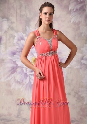 Cross Straps Beaded Watermelon Prom Evning Dress