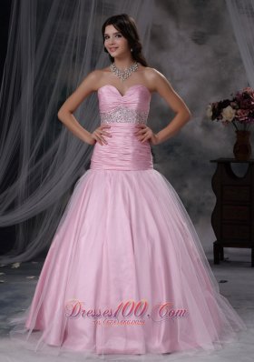 Baby Pink Ruched Tulle Tafeta Prom Dress Beaded