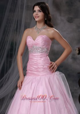 Baby Pink Ruched Tulle Tafeta Prom Dress Beaded