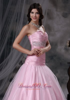 Baby Pink Ruched Tulle Tafeta Prom Dress Beaded