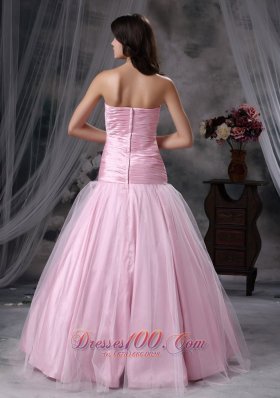 Baby Pink Ruched Tulle Tafeta Prom Dress Beaded