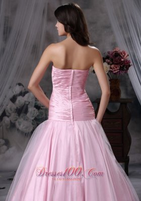 Baby Pink Ruched Tulle Tafeta Prom Dress Beaded